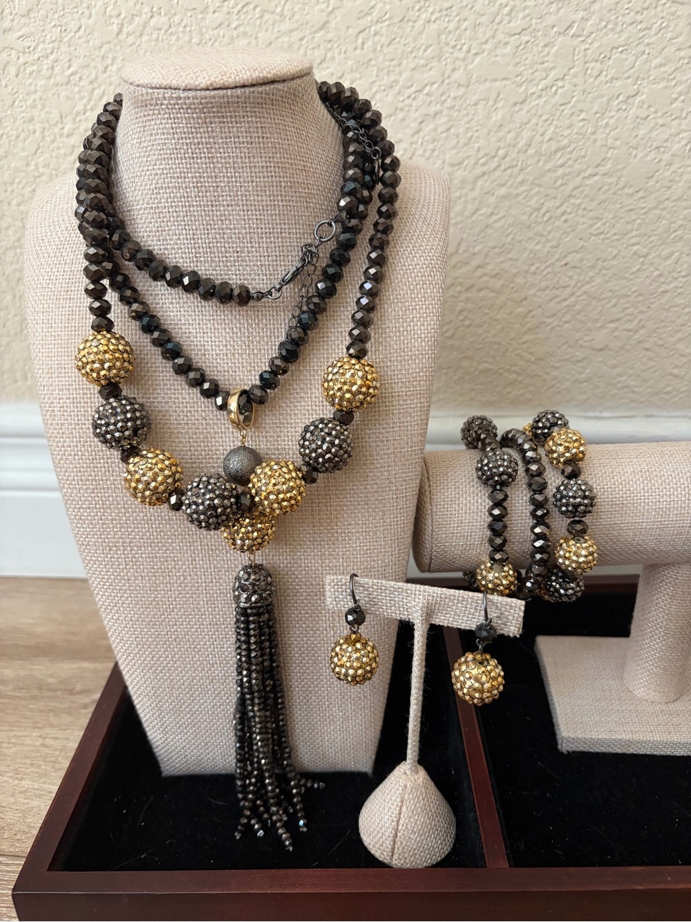 Alfani Gold & Gunmetal Beaded ~ 2 Necklace Set w/bracelets & earrings
